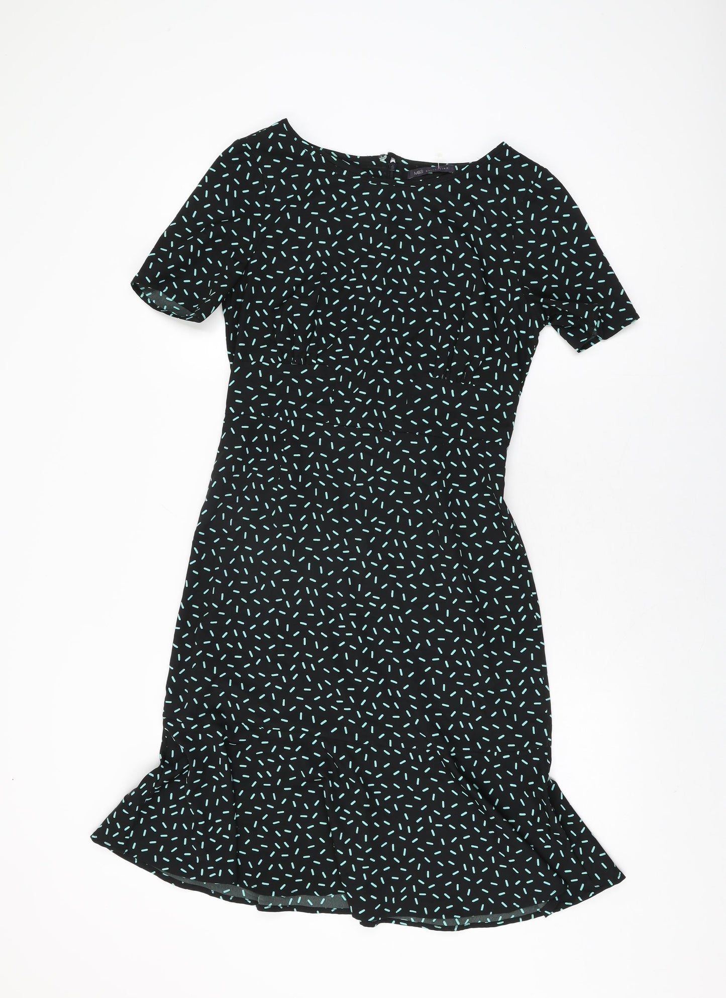 Marks and Spencer Womens Black Geometric Polyester Shift Size 8 Round Neck Zip