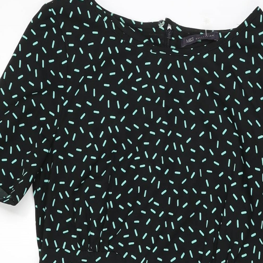 Marks and Spencer Womens Black Geometric Polyester Shift Size 8 Round Neck Zip