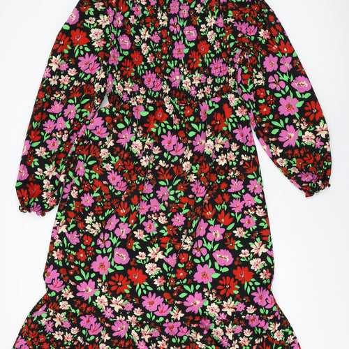 Monki Womens Black Floral Polyester A-Line Size M Round Neck Tie