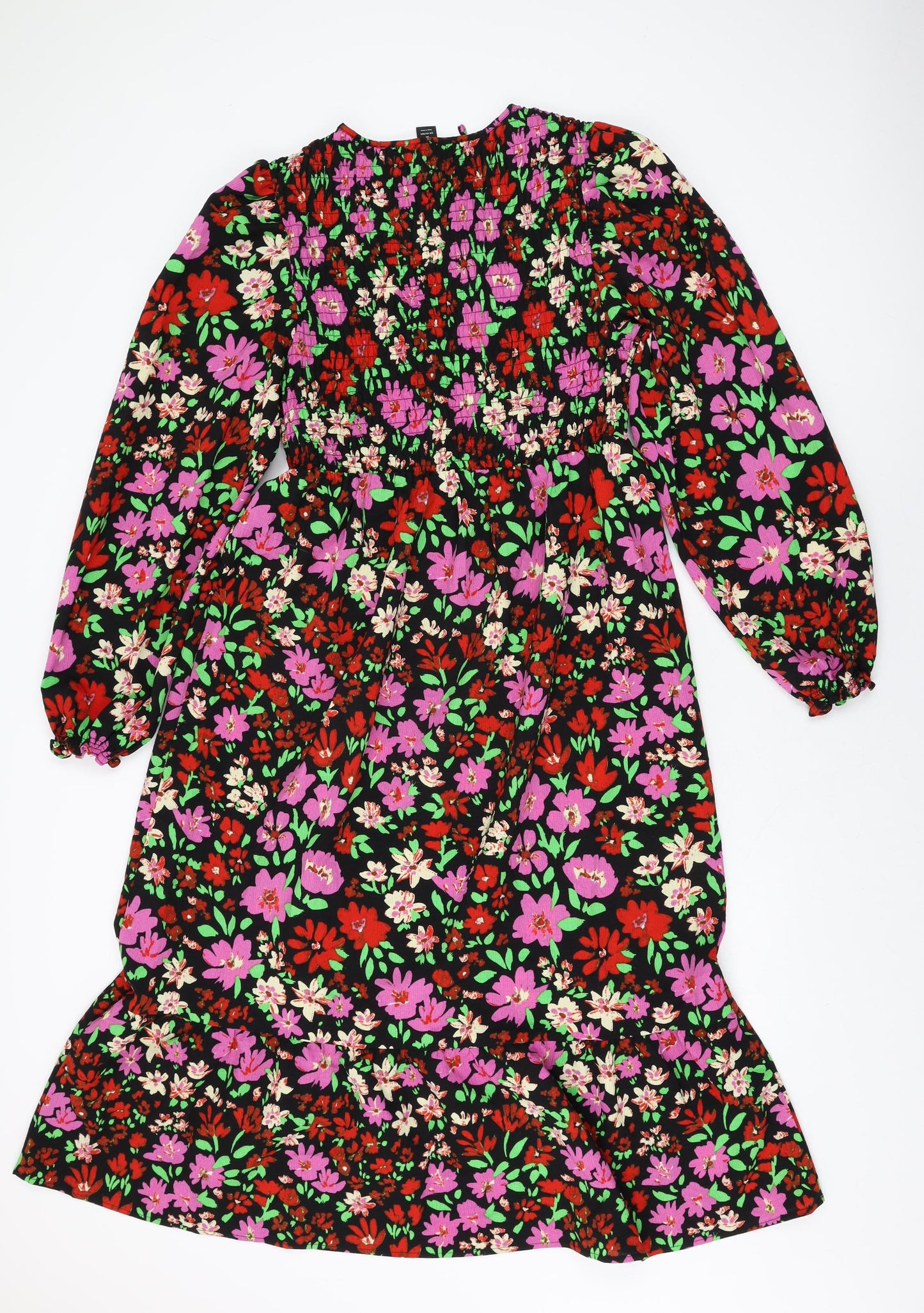 Monki Womens Black Floral Polyester A-Line Size M Round Neck Tie