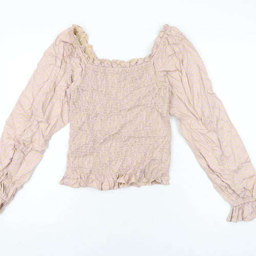 Pieces Womens Pink Floral Viscose Basic T-Shirt Size S Square Neck