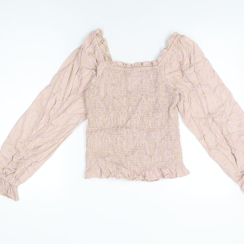 Pieces Womens Pink Floral Viscose Basic T-Shirt Size S Square Neck
