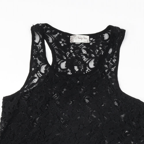 Vouley Vous Womens Black Floral Polyester Basic T-Shirt Size S Round Neck