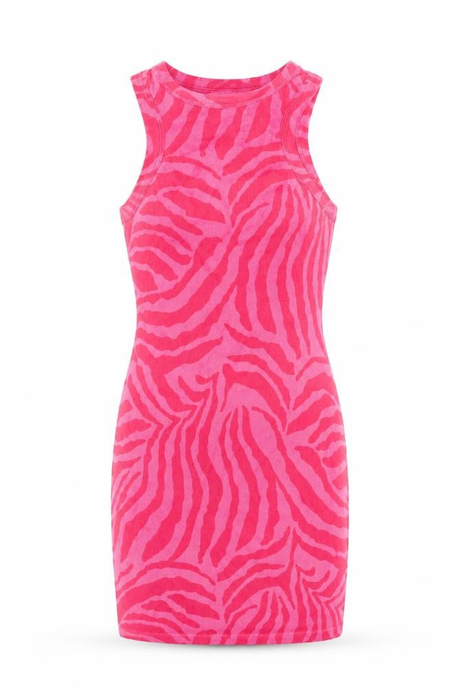 Front view of Boohoo women’s pink geometric polyester bodycon, size UK 14, round neck pullover