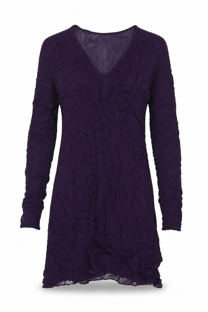 Front view of Kaliko women’s purple viscose shift, size UK 14, v-neck pullover