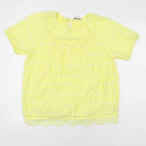 NEXT Womens Yellow Floral Cotton Basic T-Shirt Size 14 Round Neck