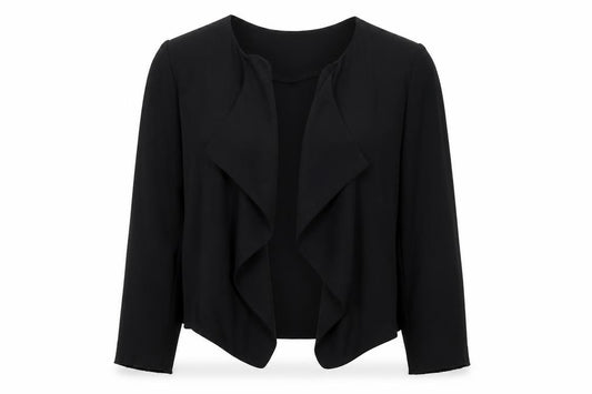 Front view of Warehouse women’s black kimono blazer, size UK 12