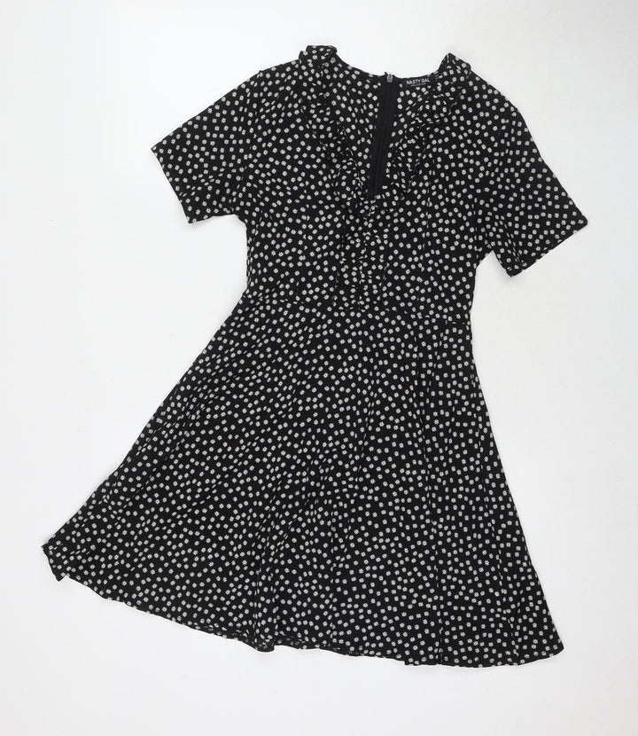 Nasty Gal Womens Black Floral Polyester Fit & Flare Size 8 V-Neck Zip