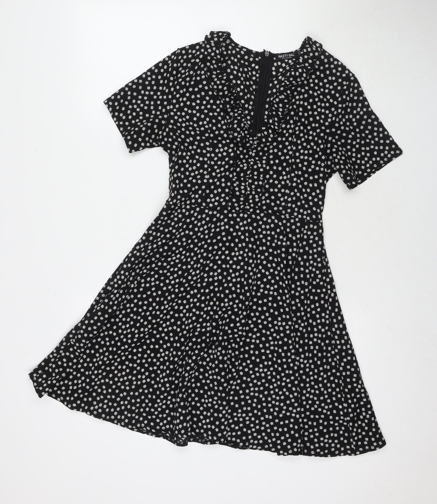 Nasty Gal Womens Black Floral Polyester Fit & Flare Size 8 V-Neck Zip