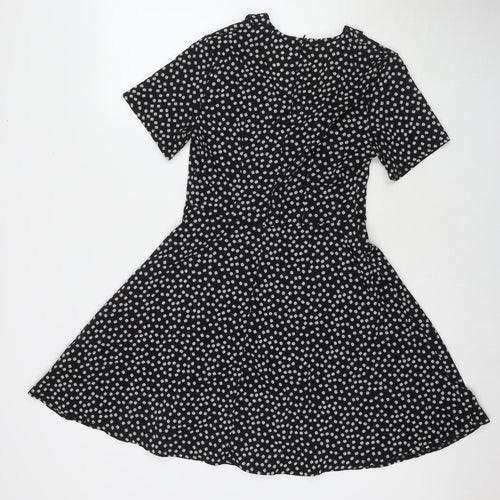 Nasty Gal Womens Black Floral Polyester Fit & Flare Size 8 V-Neck Zip