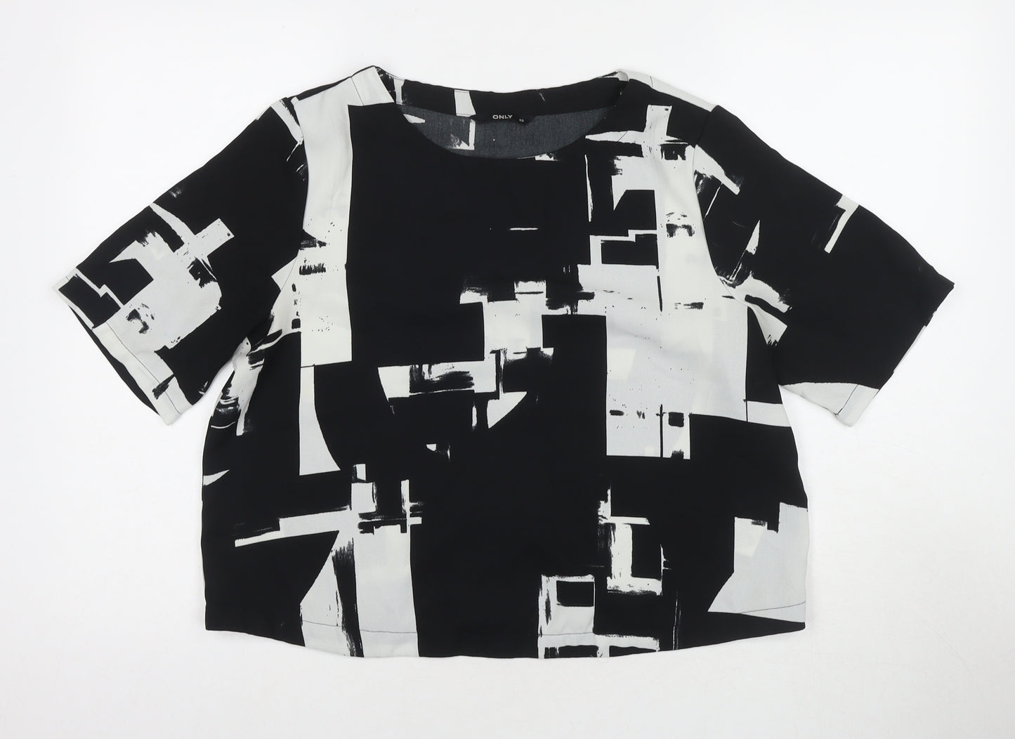 Only Womens Black Geometric Polyester Basic Blouse Size 12 Round Neck