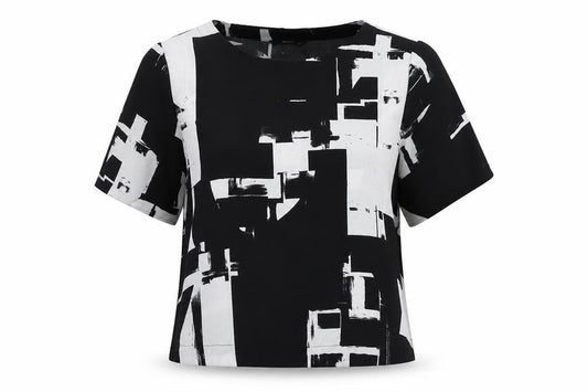 Front view of Only women’s black geometric polyester basic blouse, size UK 12, round neck