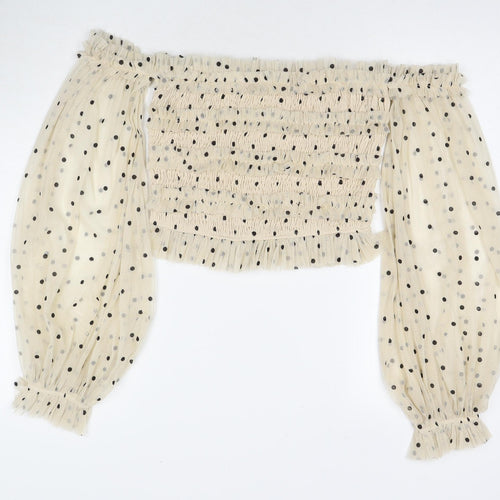 Lace & Beads Womens Beige Polka Dot Polyester Basic Blouse Size L Off the Shoulder