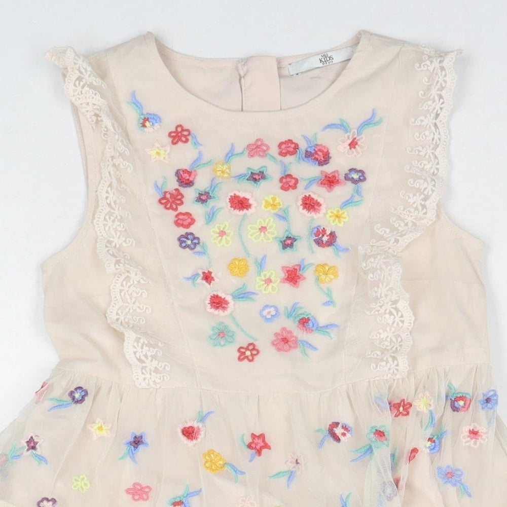 Marks and Spencer Girls Beige Floral Polyamide Fit & Flare Size 8-9 Years Round Neck Zip