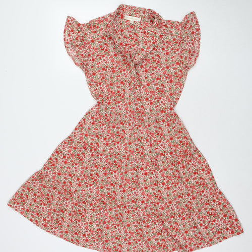 Monteau Womens Red Floral Viscose Fit & Flare Size XS V-Neck Pullover