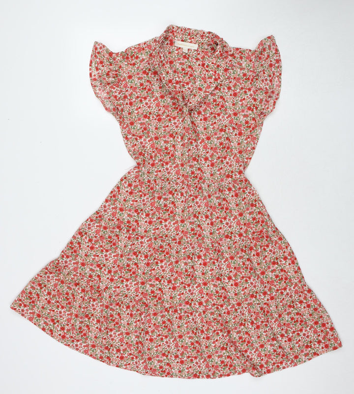 Monteau Womens Red Floral Viscose Fit & Flare Size XS V-Neck Pullover