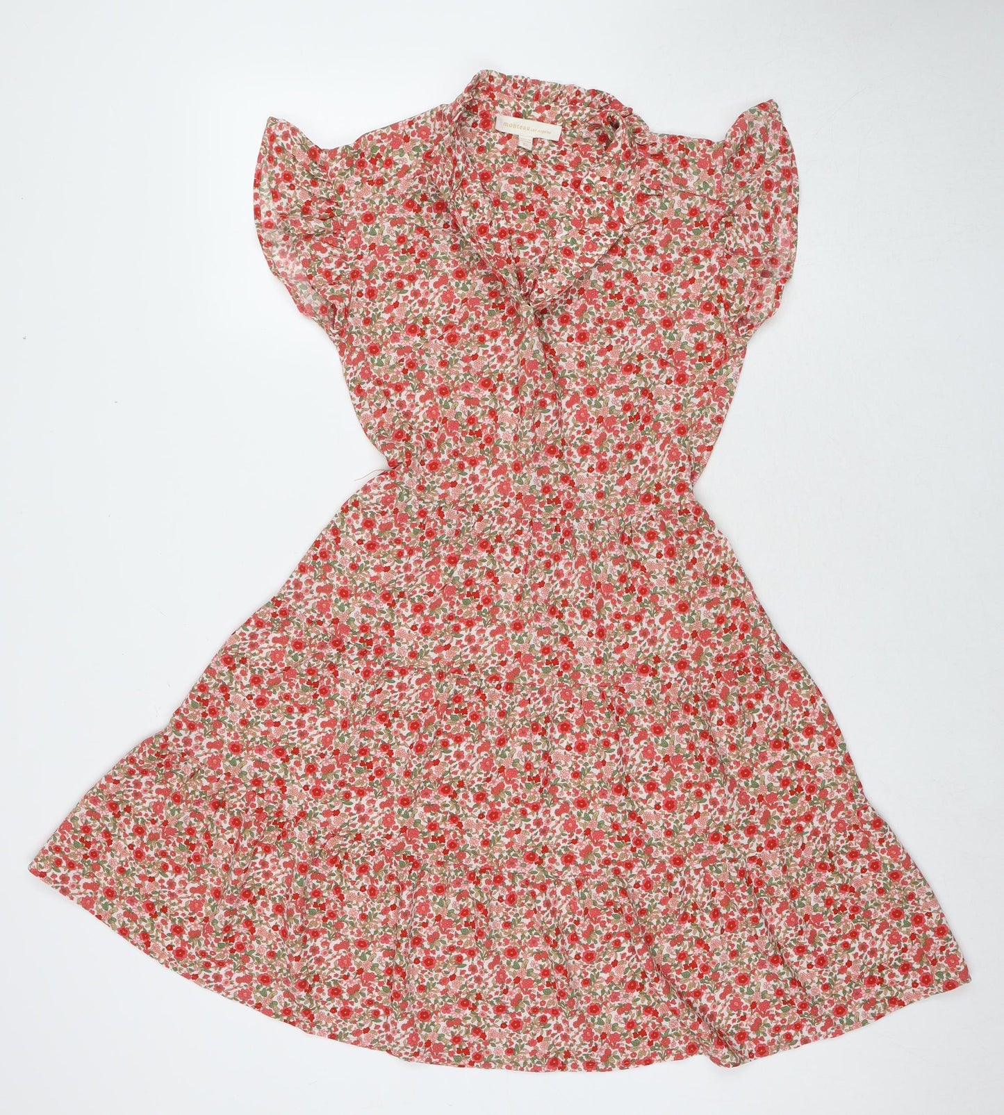 Monteau Womens Red Floral Viscose Fit & Flare Size XS V-Neck Pullover