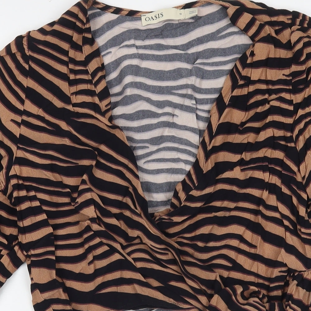 Oasis Womens Brown Geometric Viscose Wrap Blouse Size 12 V-Neck