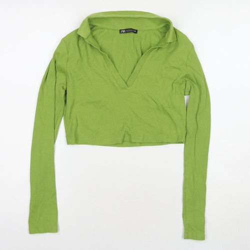 Zara Womens Green Cotton Cropped Polo Size M Collared