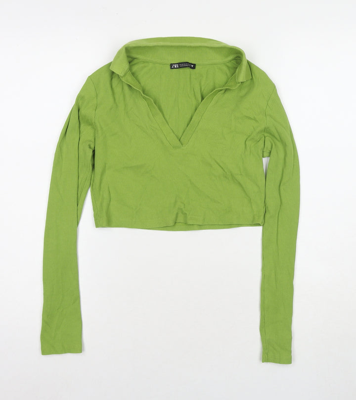 Zara Womens Green Cotton Cropped Polo Size M Collared
