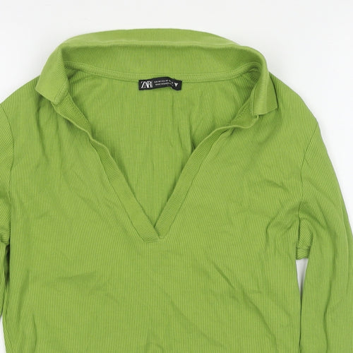 Zara Womens Green Cotton Cropped Polo Size M Collared