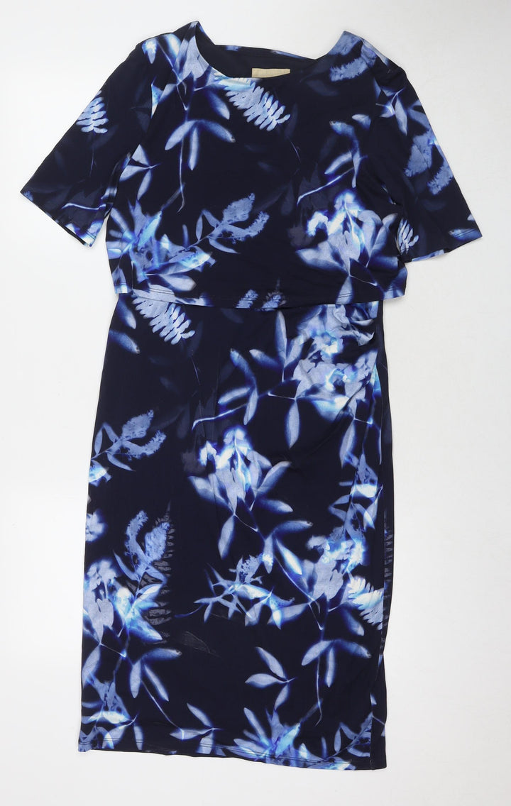 Phase Eight Womens Blue Floral Viscose A-Line Size 12 Round Neck Pullover