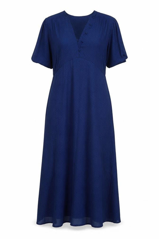 Front view of H&M women’s blue polka dot viscose maxi, size UK 10, v-neck pullover