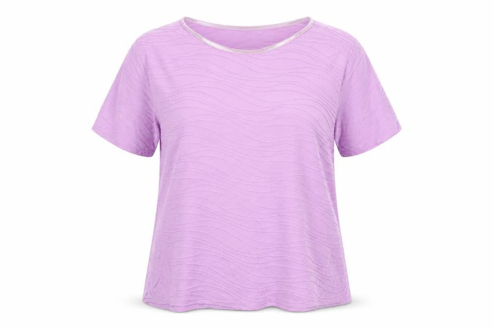 Front view of EWM women’s purple polyester basic t-shirt, size UK 18, round neck -, size UK 18-20