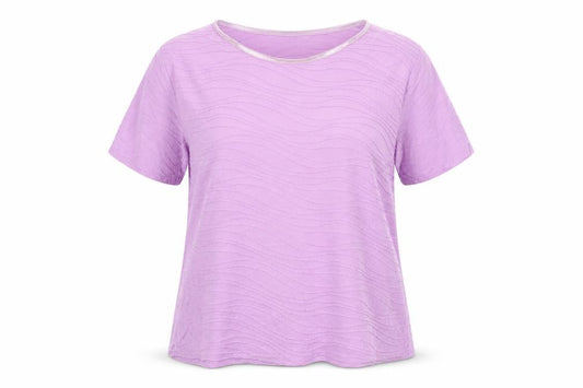 Front view of EWM women’s purple polyester basic t-shirt, size UK 18, round neck -, size UK 18-20