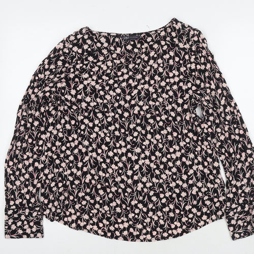 Marks and Spencer Womens Black Floral Viscose Basic Blouse Size 12 Round Neck