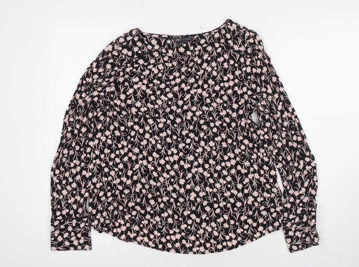 Marks and Spencer Womens Black Floral Viscose Basic Blouse Size 12 Round Neck