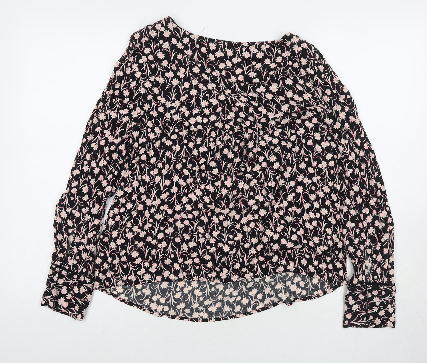 Marks and Spencer Womens Black Floral Viscose Basic Blouse Size 12 Round Neck