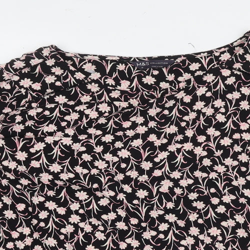 Marks and Spencer Womens Black Floral Viscose Basic Blouse Size 12 Round Neck