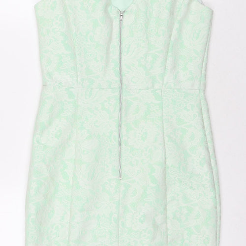 Debenhams Womens Green Floral Polyester A-Line Size 8 Round Neck Zip