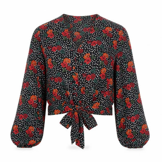 Front view of Topshop women’s multicoloured polka dot viscose basic button-up, size UK 10, v-neck
