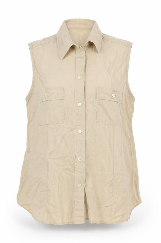 Front view of Gap women’s beige linen basic button-up, size L, collared