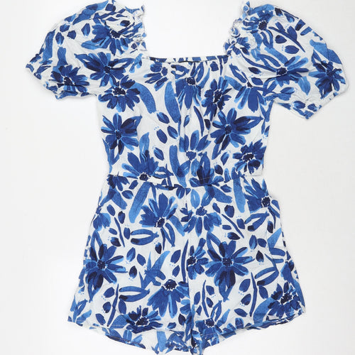 Boohoo Womens Blue Floral Cotton Playsuit One-Piece Size 10 L3 in Pullover