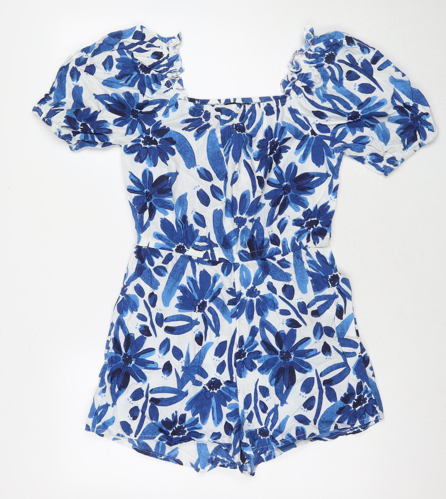 Boohoo Womens Blue Floral Cotton Playsuit One-Piece Size 10 L3 in Pullover