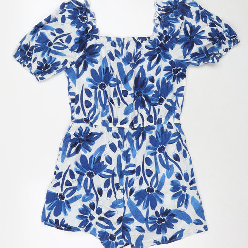 Boohoo Womens Blue Floral Cotton Playsuit One-Piece Size 10 L3 in Pullover