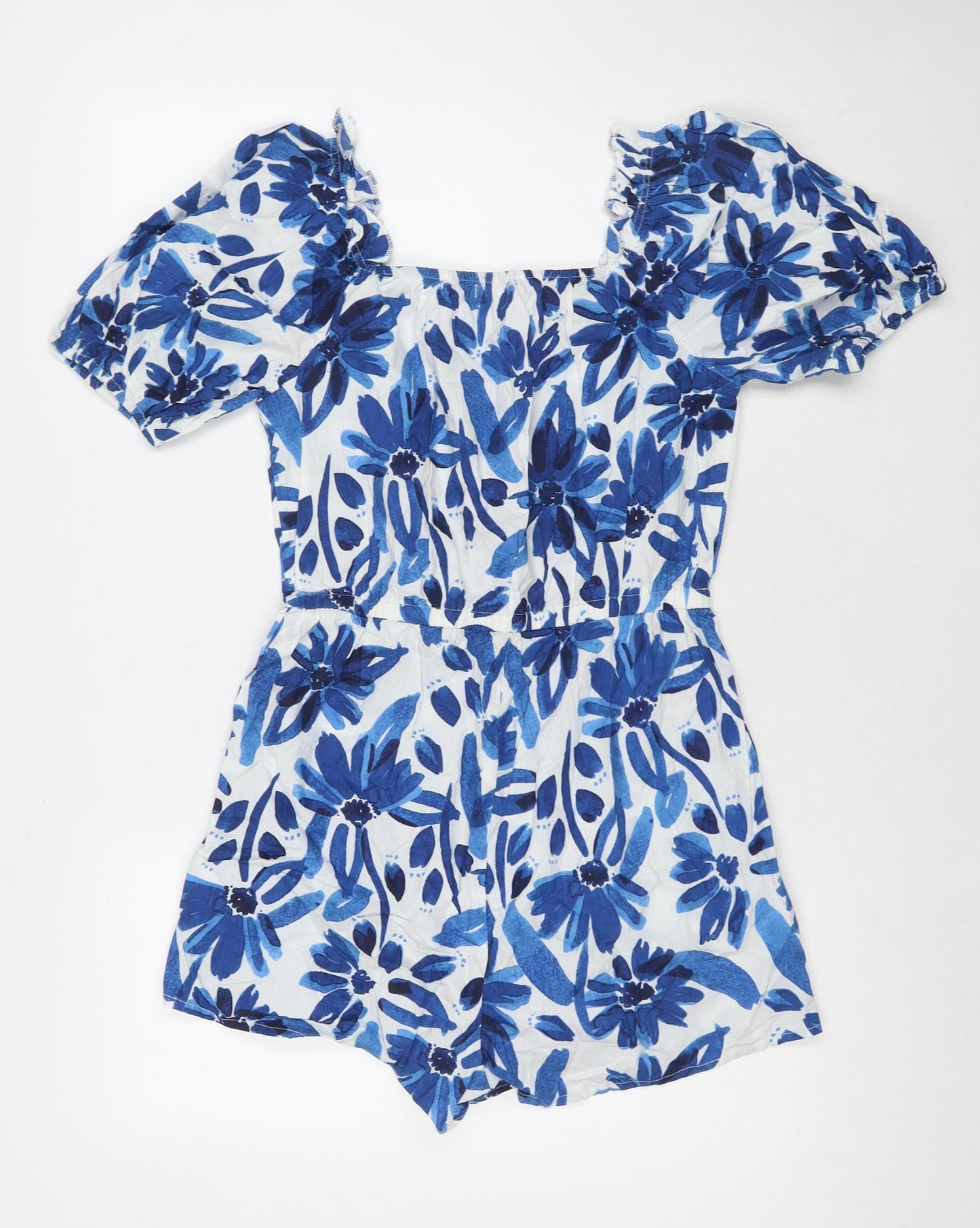 Boohoo Womens Blue Floral Cotton Playsuit One-Piece Size 10 L3 in Pullover