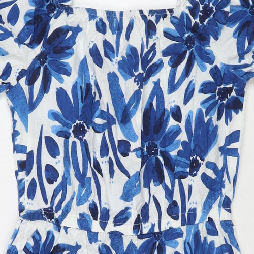 Boohoo Womens Blue Floral Cotton Playsuit One-Piece Size 10 L3 in Pullover