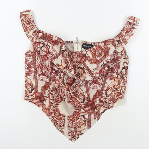 PRETTYLITTLETHING Womens Brown Geometric Polyester Cropped Tank Size 10 Cowl Neck - Roman Detail