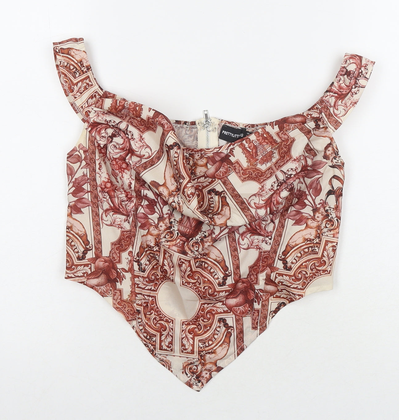 PRETTYLITTLETHING Womens Brown Geometric Polyester Cropped Tank Size 10 Cowl Neck - Roman Detail