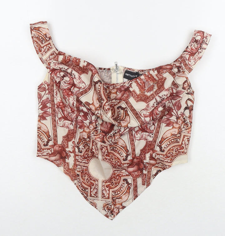 PRETTYLITTLETHING Womens Brown Geometric Polyester Cropped Tank Size 10 Cowl Neck - Roman Detail