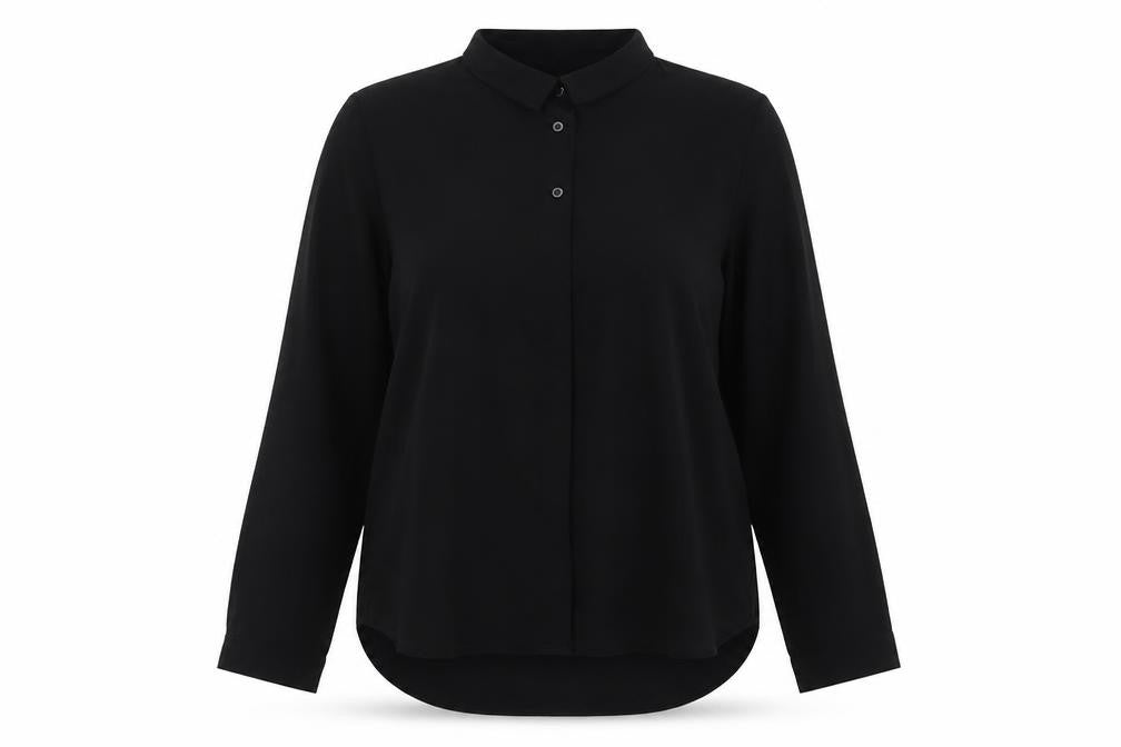 Front view of Monki women’s black polyester basic button-up, size XS, collared
