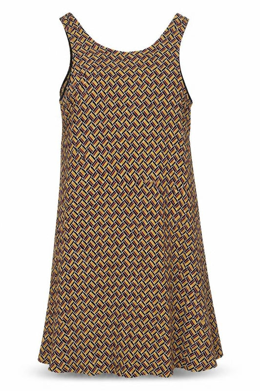 Front view of Cooperative women’s yellow geometric viscose tank dress, size XS, scoop neck pullover