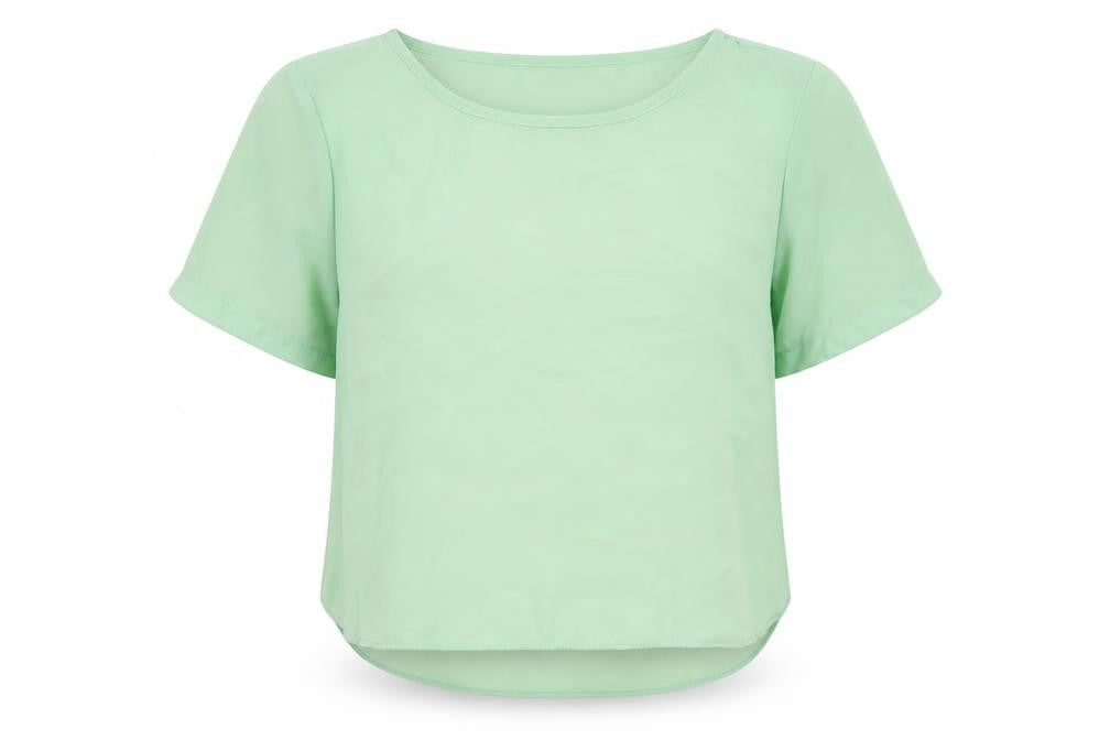 Front view of Topshop women’s green polyester basic t-shirt, size UK 8, round neck