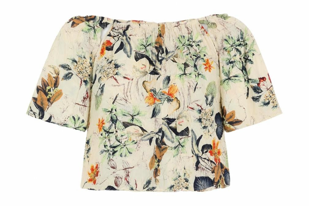 Front view of Boohoo women’s multicoloured floral viscose basic blouse, size UK 8, off the shoulder