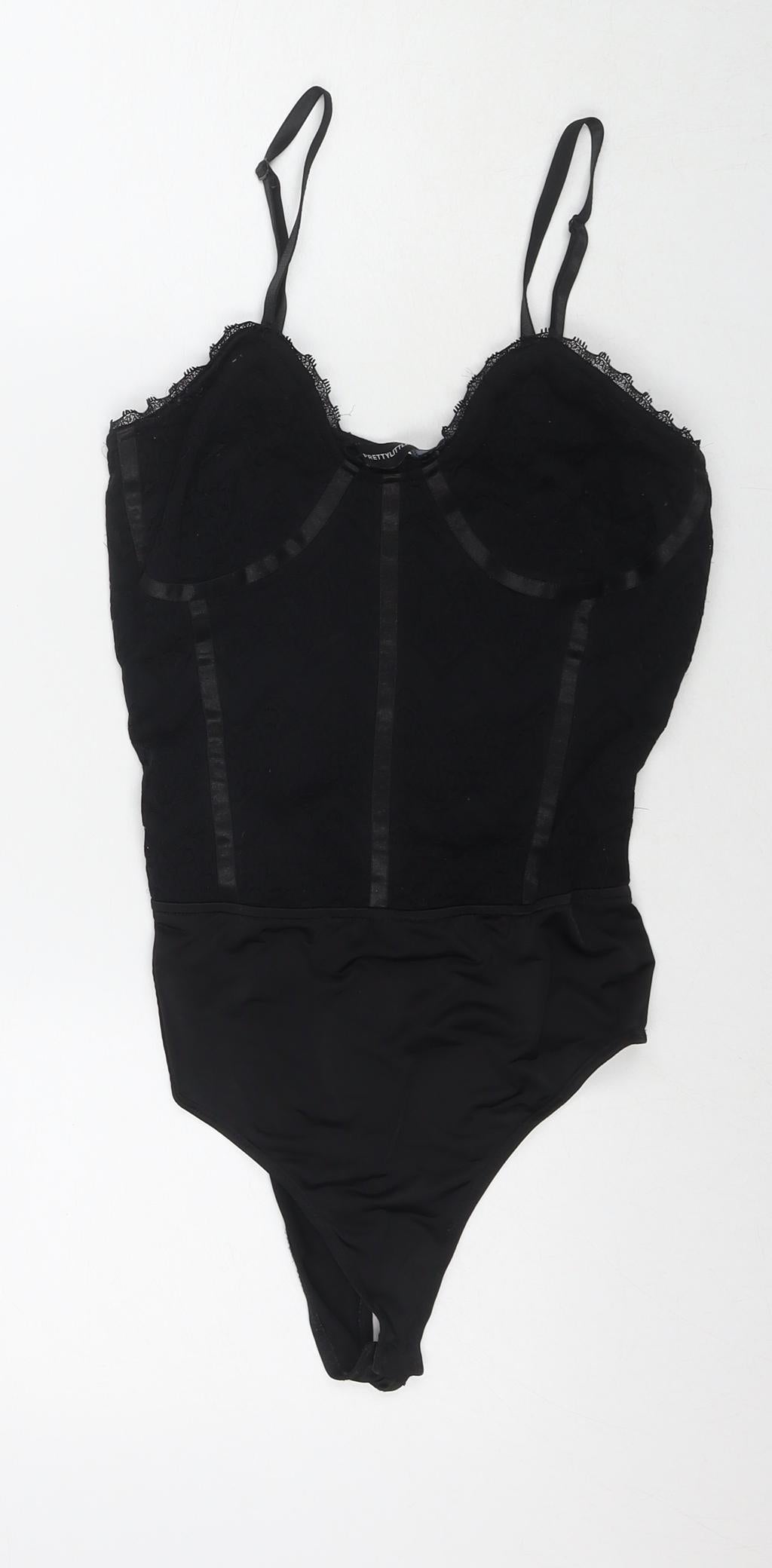 PRETTYLITTLETHING Womens Black Polyester Bodysuit One-Piece Size 10 Snap