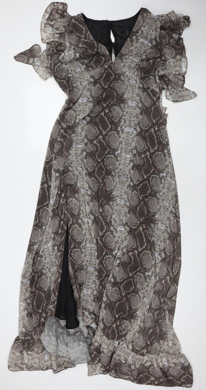 Topshop Womens Brown Animal Print Polyester Maxi Size 12 V-Neck Pullover - Snake Pattern